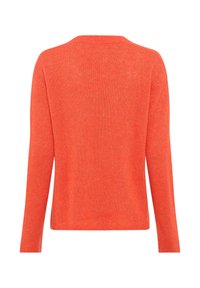 Oranger Langarmpullover aus strukturiertem, gestricktem Stoff. Mit rundem Ausschnitt und geradem Schnitt, sichtbaren Nähten an den Ärmeln.