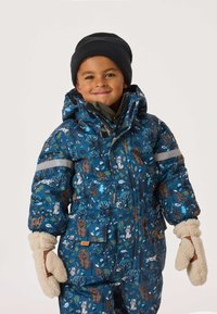 Sininen, kuvioitu talvitakki eläinaiheisilla kuvioilla, turkissomisteiset lapaset ja musta pipo. Takissa heijastavat raidat ja vetoketjulliset taskut.