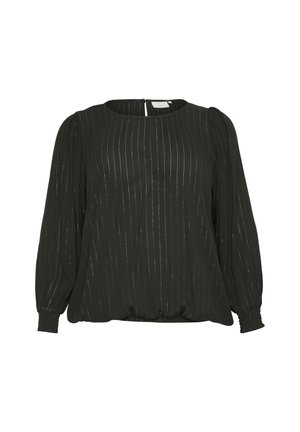 Black blouse with metallic silver stripes, round neckline, puffed long sleeves, gathered hem, and keyhole back closure. Textured fabric.