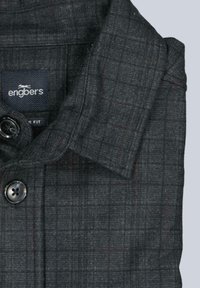 Dark grey button-up shirt with a textured plaid pattern, featuring a collar and two black buttons near the neckline. Brand label visible.