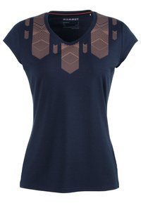 Mörkblå kortärmad t-shirt med ett geometriskt kopparmönster på övre bröstområdet och en v-ringning. Mjuk tygstruktur.