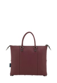 Fascicolo in pelle bordeaux scuro con due manici corti, dettagli in metallo argentato e un piccolo etichetta in tessuto blu "Made in Italy" sul lato.