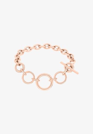 Roze gouden armband met onderling verbonden ketting en ronde schakels. Voorzien van een haaksluiting voor een veilige sluiting. Gladde, gepolijste afwerking.