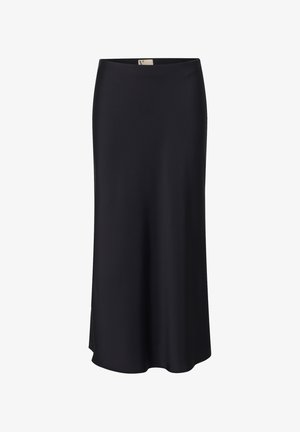 Gonna nera di lunghezza al ginocchio realizzata in un tessuto liscio e elasticizzato. Presenta uno spacco laterale per facilitare il movimento e un design semplice e aderente.