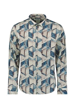 Langarm overhemd met een blauw, beige en bruin geometrisch kubuspatroon en een klassieke kraag.