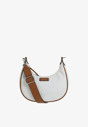 Sac à main blanc en forme de croissant avec une sangle réglable marron, une bordure marron, et une étiquette "Loxwood Le Cabas Parisien" à l'avant.