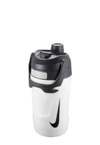 Bottiglia d'acqua Nike di colore bianco con superficie testurizzata, coperchio nero e manico. Presenta un beccuccio e dettagli neri lisci.