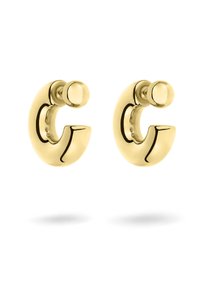 Goldfarbene Creolen mit einem glatten, abgerundeten Design und einer kleinen sphärischen Akzentuierung an der Oberseite. Polierte Oberfläche und elegante Form.