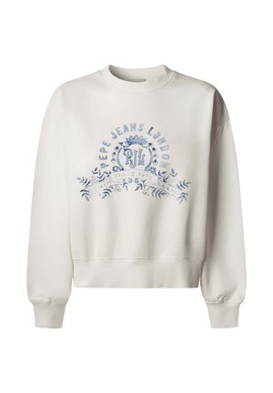 Sweat-shirt gris clair en tissu doux mélange de coton. Présente un imprimé graphique bleu avec du texte et des accents floraux à l'avant. Design court.