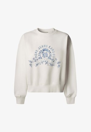 Sudadera gris claro hecha de una mezcla suave de algodón. Presenta un estampado gráfico azul con texto y detalles florales en el frente. Diseño corto.