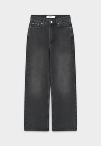 Crne traperice širokih nogavica s izblijedjelim završetkom, s kopčanjem na gumbe i patentni zatvarač, dizajnom s pet džepova i kontrastnim šavovima.