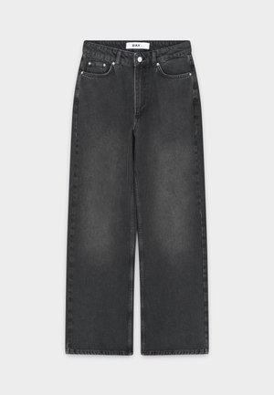 Zwarte wijde broekspijpen spijkerbroek met een vervaagde afwerking, voorzien van een knoop- en ritssluiting, een ontwerp met vijf zakken en contrasterend stiksel.