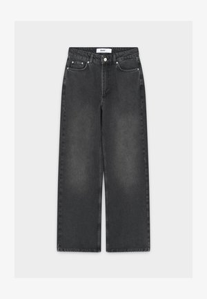 Zwarte wijde broekspijpen spijkerbroek met een vervaagde afwerking, voorzien van een knoop- en ritssluiting, een ontwerp met vijf zakken en contrasterend stiksel.