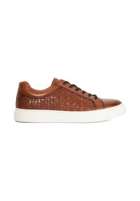 Brown woven leather sneaker with a smooth toe, white rubber sole, and black laces. Features textured side panel for added detail.