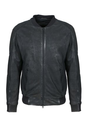 Zwarte leren bomberjack met een ritssluiting aan de voorkant, geribbelde kraag en manchetten, en twee zijzakken. Heeft een gladde, matte textuur.