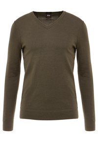Olivgrön V-ringad långärmad herrtröja med ribbade ärm- och kantförhållanden, tillverkad av BOSS-märket.