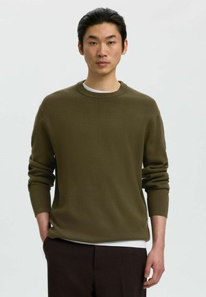 Homme aux cheveux noirs portant un pull à manches longues vert olive et un pantalon foncé, debout les mains dans les poches devant un fond uni.