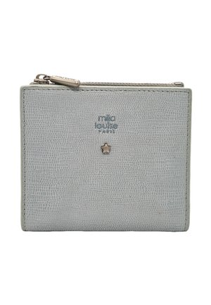 Portefeuille gris clair texturé avec un petit emblème en forme d'étoile et un compartiment zippé sur le dessus, marqué "mila louise PARIS" au centre.