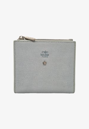 Portefeuille gris clair texturé avec un petit emblème en forme d'étoile et un compartiment zippé sur le dessus, marqué "mila louise PARIS" au centre.