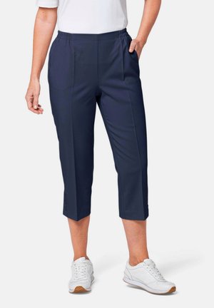 Marineblauwe croppedbroek met een elastische tailleband, zijzakken en knoopaccenten aan de zoom. Lichtgewicht, gladde stof.