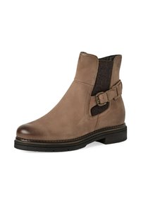 Braunes Leder-Ankle-Boot mit einem strukturierten Seitenpaneel und Schnallen-Detail. Verfügt über eine runde Zehenpartie und eine dicke schwarze Gummisohle.