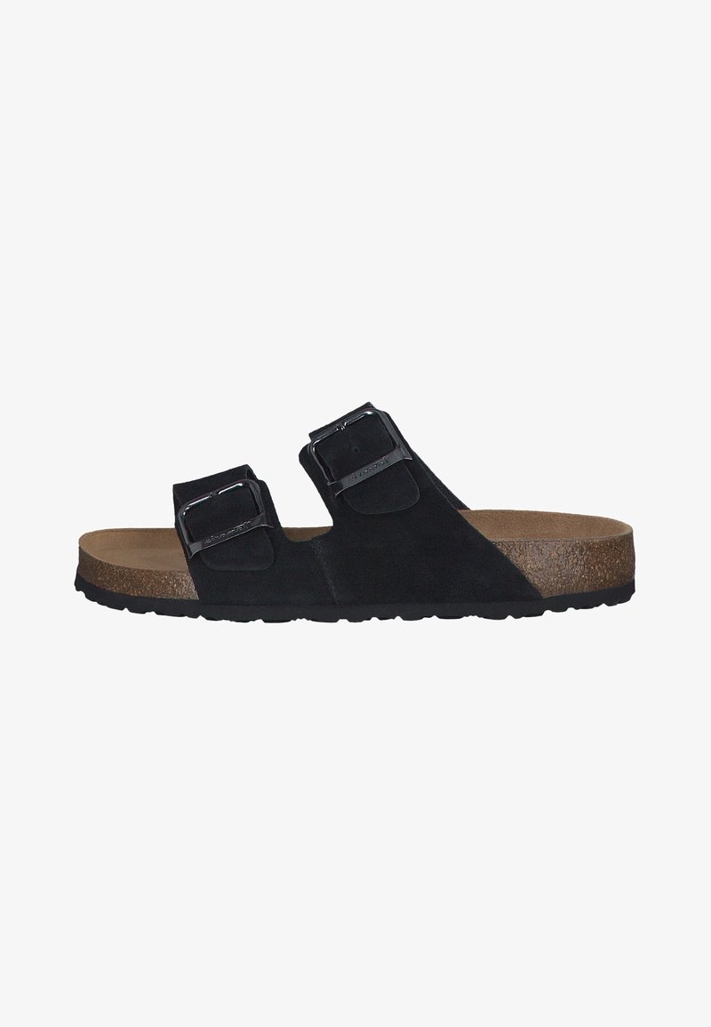 Sandale negre din suede, cu două curele ajustabile, catarame argintii, talpă din plută și talpă exterioară din cauciuc texturat. Design semi-deschis.