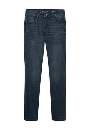 Jeans in denim blu scuro con vestibilità slim, design a cinque tasche e chiusura con bottone. Colore uniforme con sottile texture e senza motivi visibili.