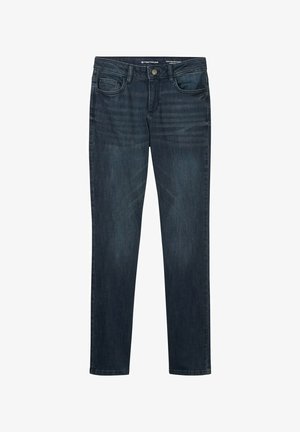 Jeans in denim blu scuro con vestibilità slim, design a cinque tasche e chiusura con bottone. Colore uniforme con sottile texture e senza motivi visibili.