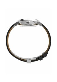 Silver-tone watch with a round case, black leather strap, and metal clasp. Features a smooth bezel and brand logo on the case back.