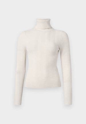 Pull à col roulé blanc cassé en tissu côtelé. Il présente des manches longues et une coupe ajustée avec de subtils rayures verticales.