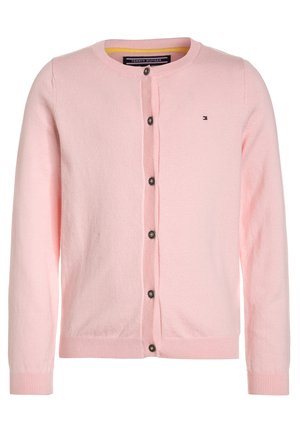 Lyserød cardigan med lange ærmer, rund halsudskæring, knaplukning foran, ribstrikkede manchetter og kant samt lille Tommy Hilfiger-logo på brystet.