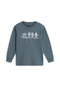 Långärmad blå skjorta med rund halsringning, prydd med fyra vita grafiska motiv av karaktärer på skateboards och surfboards. Mjuk tyg.