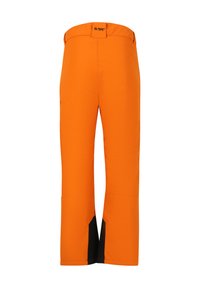 Orangefarbene Skihosen mit figurbetontem Design, ausgestattet mit schwarzen Akzenten am Saum und einem Logopatch am Bund. Hergestellt aus einem glatten, strapazierfähigen Material.