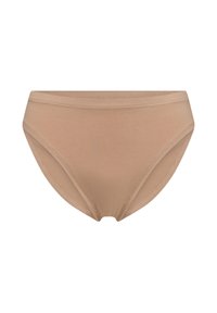 Beige cotton bikini underwear with a smooth texture, low-rise design, and narrow elastic waistband. Features minimal stitching details.