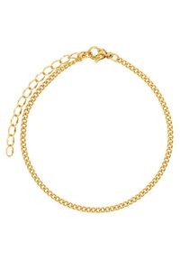 Bracciale in catena d'oro con chiusura a moschettone, caratterizzato da anelli ovali e una superficie liscia e lucida. Catena regolabile per una vestibilità versatile.