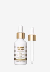 Weißes Glasfläschchen mit goldenen Akzenten, Tropfverschluss, beschriftet mit "James Read Gradual Tan H2O Tan Drops Face", 30 ml Fassungsvermögen. Klarer Tropfer inklusive.