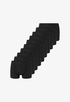 Tien paar simpele zwarte herenboxers zijn in een diagonale lijn geplaatst op een witte achtergrond.