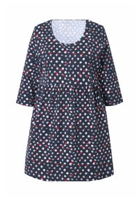 Vestido de túnica en color navy con escote redondo, mangas tres cuartos y cintura fruncida, que presenta un patrón de pequeños puntos blancos y rojos.