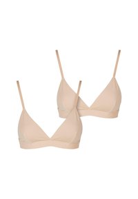 Two seamless, triangle bralettes in nude color. Soft, stretchy fabric with thin adjustable straps and a minimalist design.