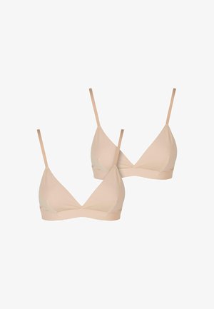 Deux bralettes triangulaires sans coutures de couleur chair. Tissu doux et extensible avec de fines bretelles réglables et un design minimaliste.