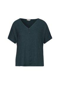 Haut court à manches courtes texturé vert foncé avec un col en V et trois boutons sur le devant. Coupe décontractée avec une silhouette moderne.