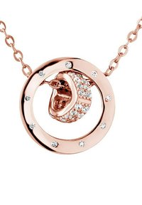 Collier pendentif circulaire en or rose avec un embellissement central orné de petits cristaux et d'une finition polie. Chaîne incluse.