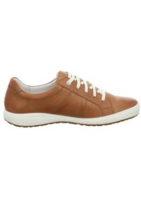 Braune Leder-Sneaker mit weißen Schnürsenkeln, einer runden Zehenpartie, gesteppten Akzenten und einer strukturierten Sohle. Glatte Oberfläche mit einem lässigen Design.