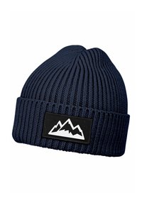 Navy blue knit beanie with ribbed texture, featuring a black patch with a white mountain graphic. Soft, stretchy material for comfort.