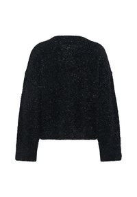 Czarny krótki sweter, puszysta tekstura, długie rękawy, luźny krój, bez widocznych zapięć czy ozdób, gładki tył.