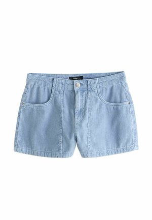 Lyseblå kordshorts med forlommer, bæltestropper og knaplukning, lagt fladt på en hvid baggrund.