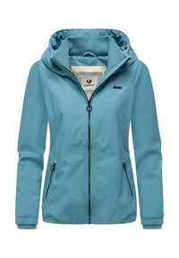 Blå, lett jakke med glidelås foran, justerbar hette og to sidelommer. Laget av glatt stoff med mykt fôr.