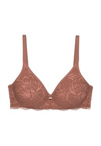 Reggiseno in pizzo color rosa polveroso con motivo floreale, spalline regolabili e piccolo fiocco al centro davanti.
