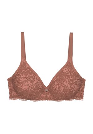 Kanten beha in stoffige rozenkleur met bloemenpatroon, verstelbare bandjes en een klein strikje in het midden voor.
