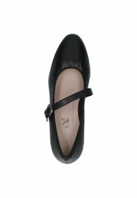 Černá kožená botička typu Mary Jane s hladkým povrchem, kulatou špičkou a bočním páskem se stříbrnou sponou. Navržena pro pohodlí.